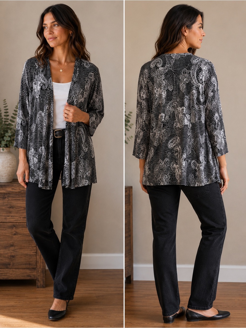 Women’s lightweight open Cardigan Size L Black/white paisley